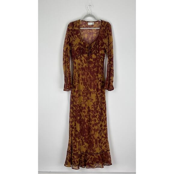 ASOS Ruched Bust Long Sleeve Maxi Dress Womens Size 14 Orange Abstract New - Picture 10 of 16